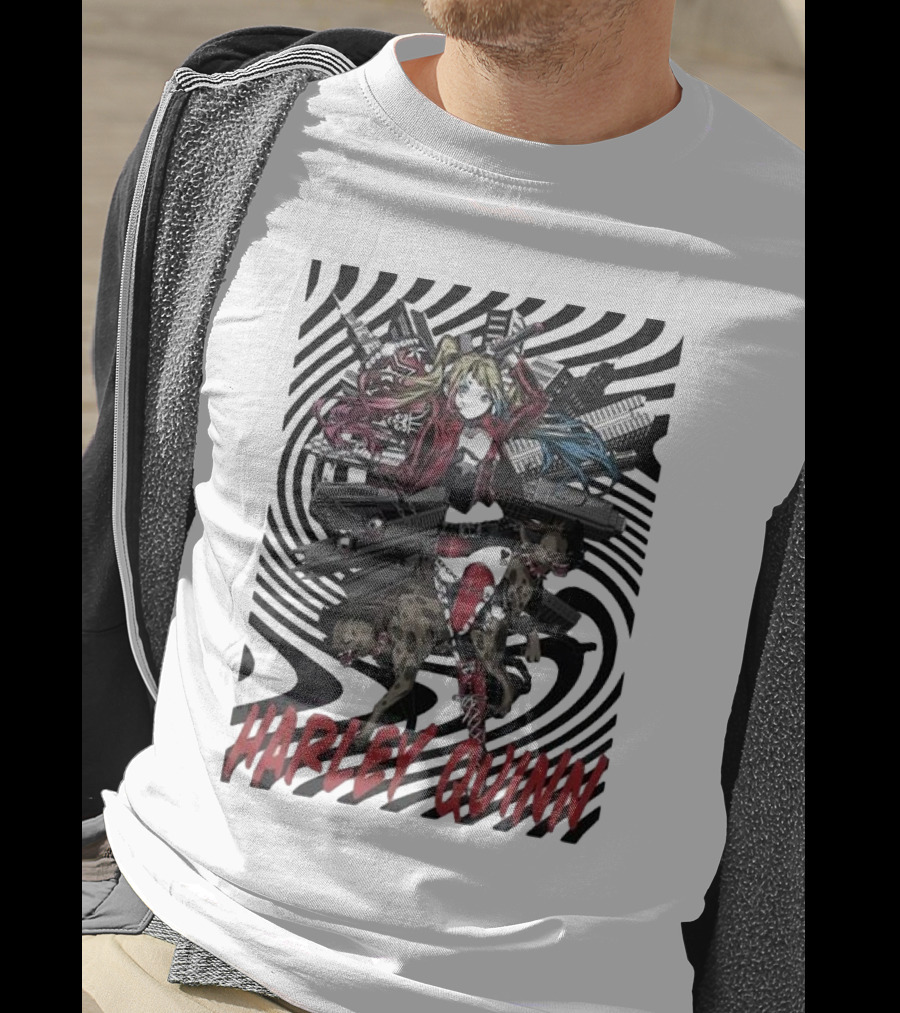 HARLEY QUINN Black And White Spiral With Hyenas T-Shirt
