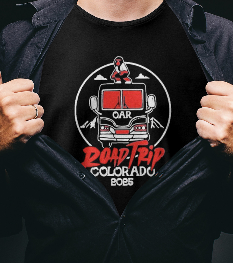 OAR Road Trip Colorado 2025 Bus Adventure With Mountains And Standing Character T-Shirt