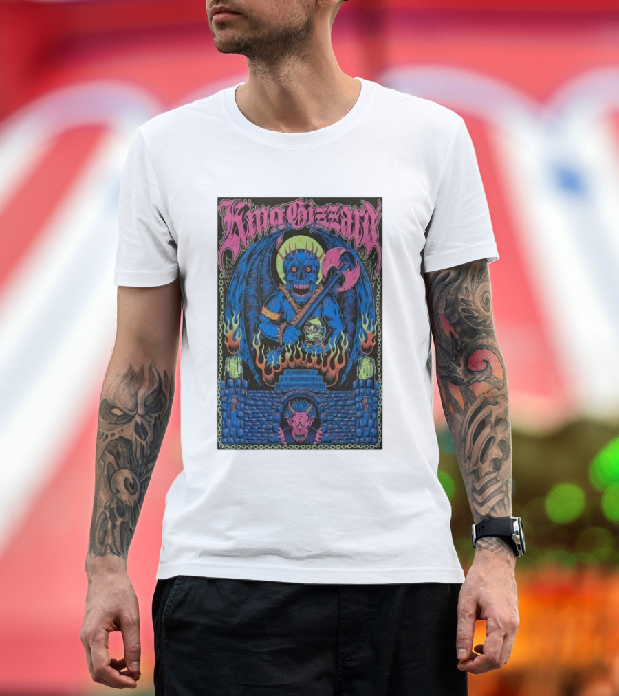 King Gizzard and the Lizard Wizard Show St Augustine FL November 20 2024 Gothic Blue Demon Artwork with Flaming Castle and Skull Axe T-Shirt