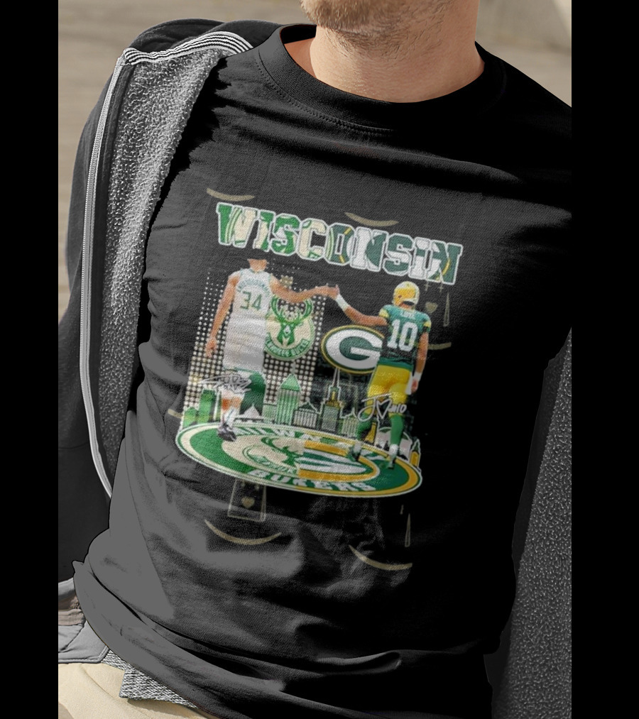 Wisconsin Milwaukee Bucks Green Bay Packers Iconic Duo Signature T-Shirt