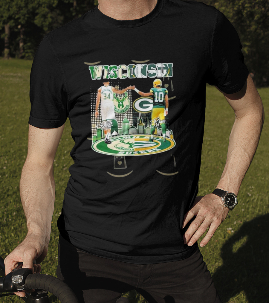 Wisconsin Milwaukee Bucks Green Bay Packers Iconic Duo Signature T-Shirt