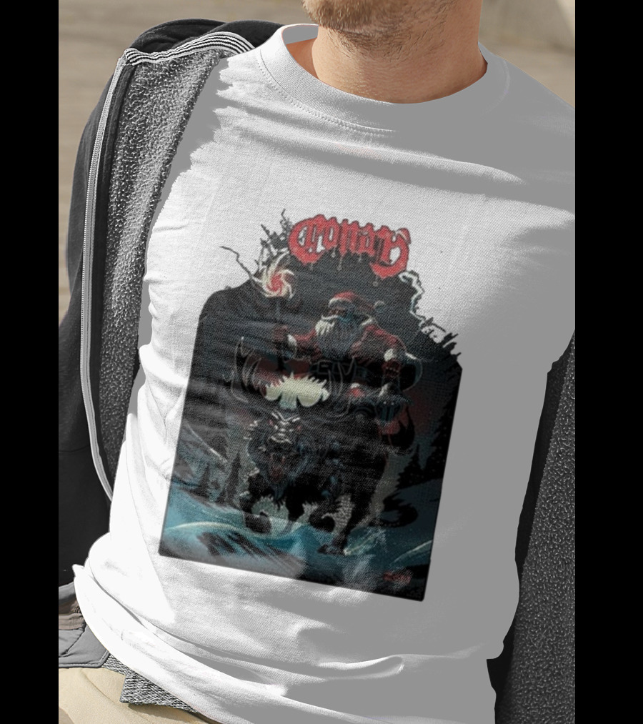 Conan Merry Chrushmas Santa Riding Mythical Beast Torch Dark Forest Scene T-Shirt
