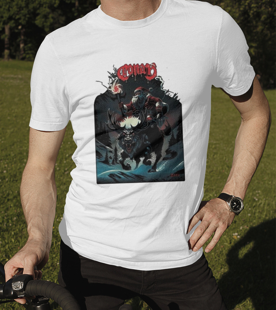 Conan Merry Chrushmas Santa Riding Mythical Beast Torch Dark Forest Scene T-Shirt