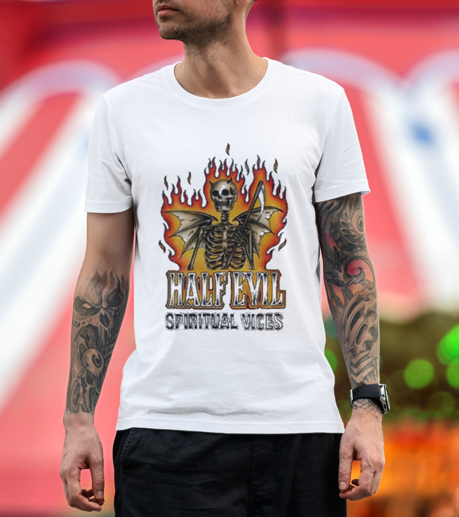 Half Evil Spiritual Vices Flaming Winged Skeleton T-Shirt