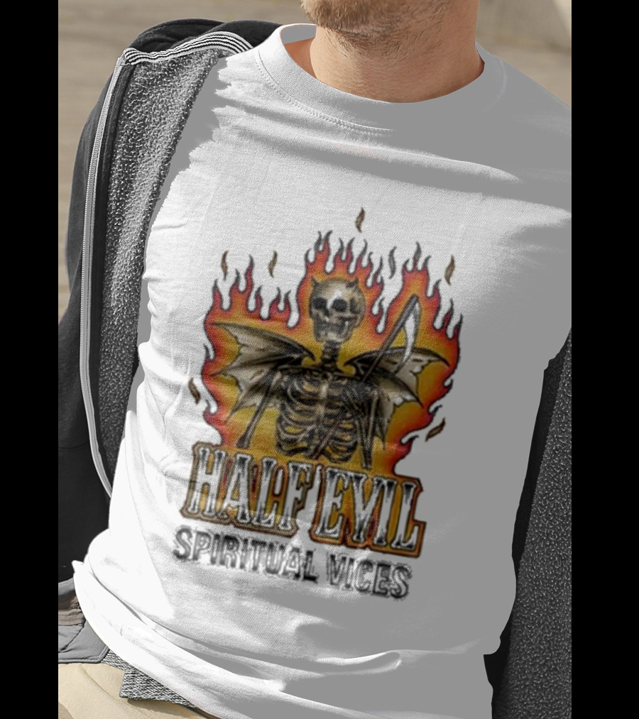 Half Evil Spiritual Vices Flaming Winged Skeleton T-Shirt
