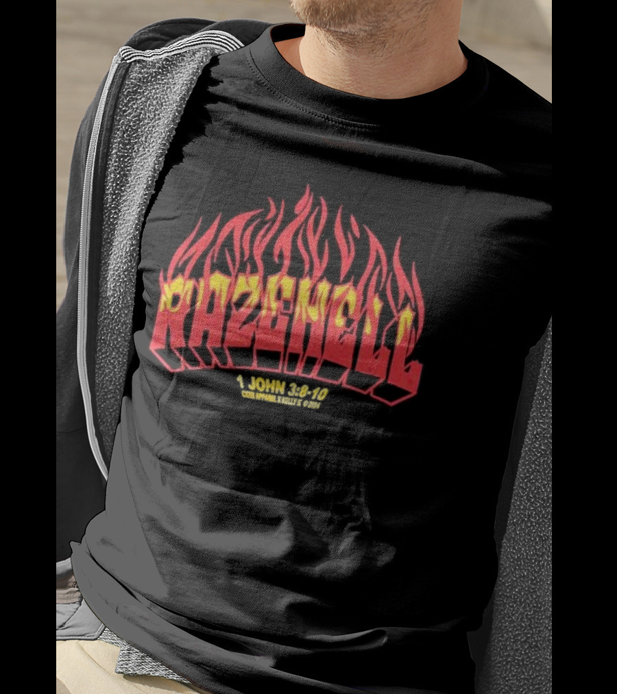 RAZEHELL CXXII X KellyK 1 John 3:8-10 Flame Design Black T-Shirt