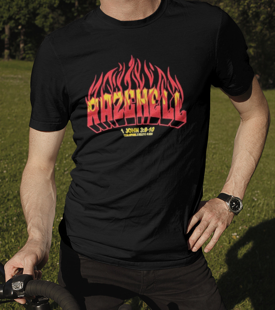 RAZEHELL CXXII X KellyK 1 John 3:8-10 Flame Design Black T-Shirt