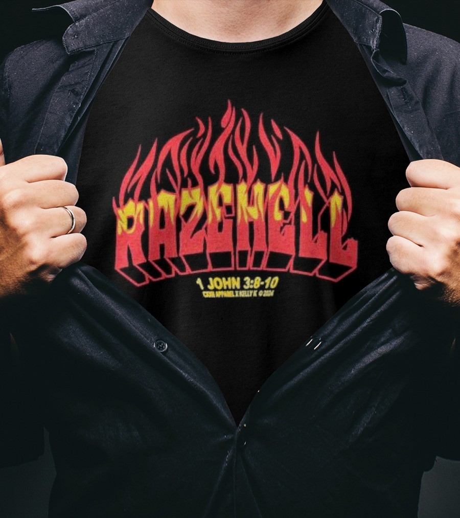 RAZEHELL CXXII X KellyK 1 John 3:8-10 Flame Design Black T-Shirt