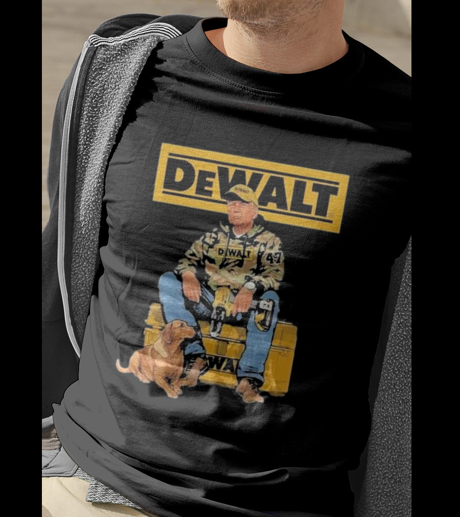 DEWALT Toolbox Camouflage Jacket 47 Sitting On Toolbox With Dog T-Shirt