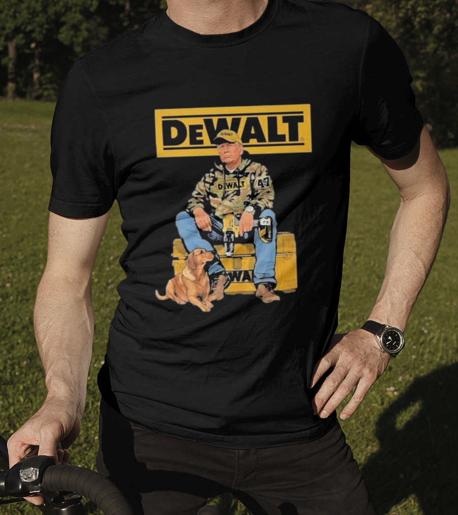 DEWALT Toolbox Camouflage Jacket 47 Sitting On Toolbox With Dog T-Shirt