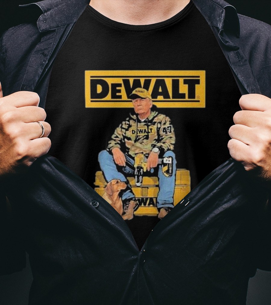 DEWALT Toolbox Camouflage Jacket 47 Sitting On Toolbox With Dog T-Shirt
