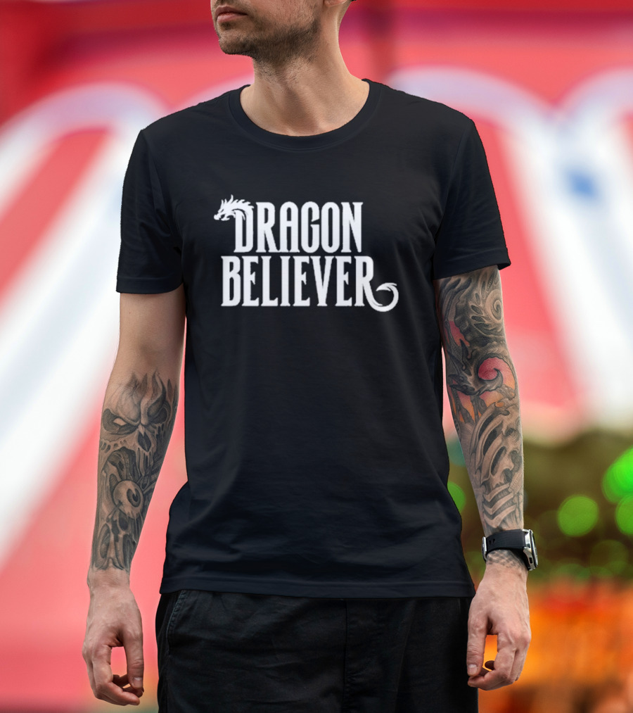 Dragon Believer Fantasy Typography with Dragon Head Accent T-Shirt