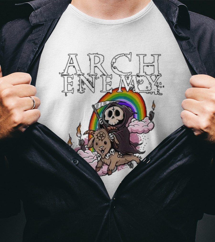 Arch Enemy Rainbow Reaper On Goat With Candles And Clouds T-Shirt