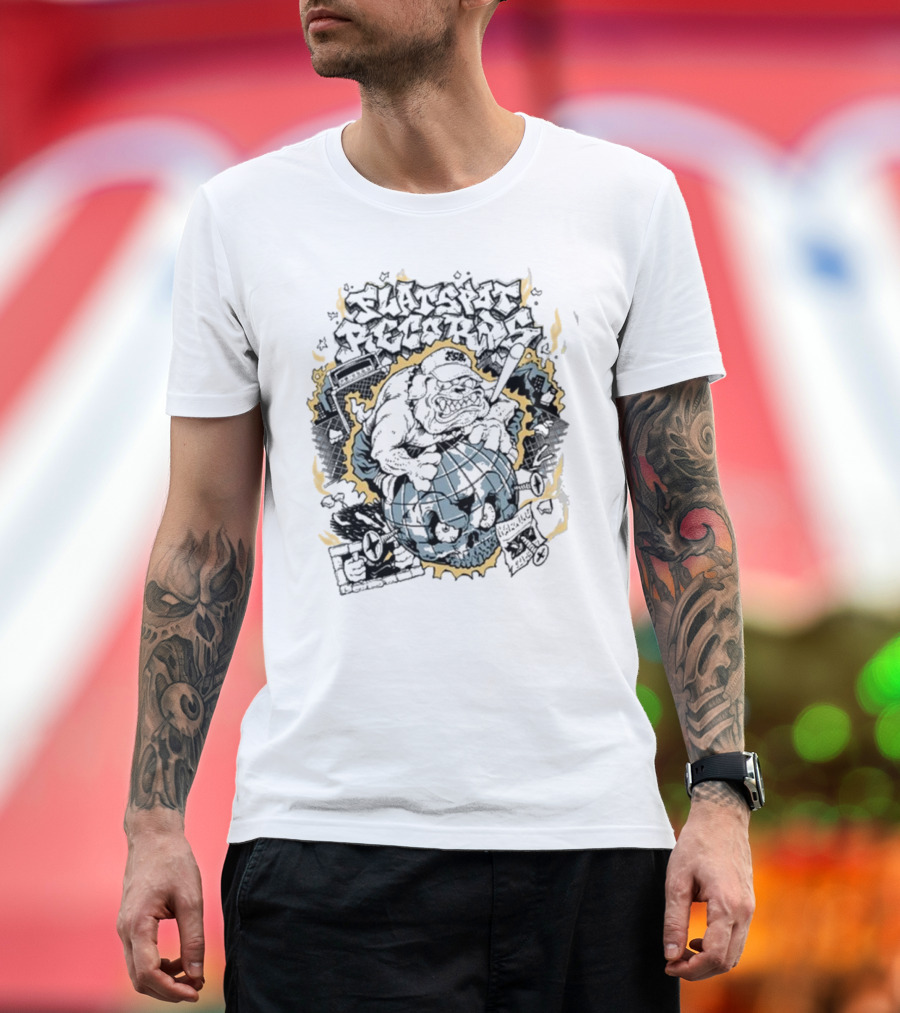 Flatspot Records Bulldog Globe Graffiti Style White T-Shirt