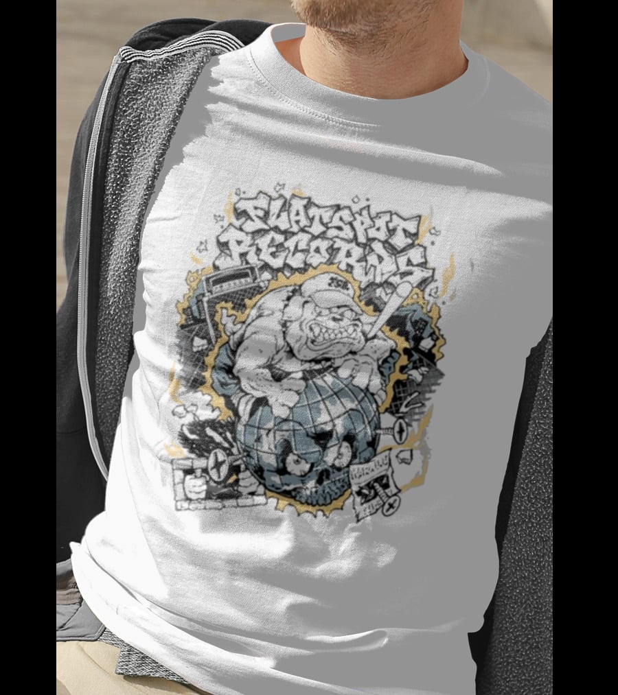 Flatspot Records Bulldog Globe Graffiti Style White T-Shirt