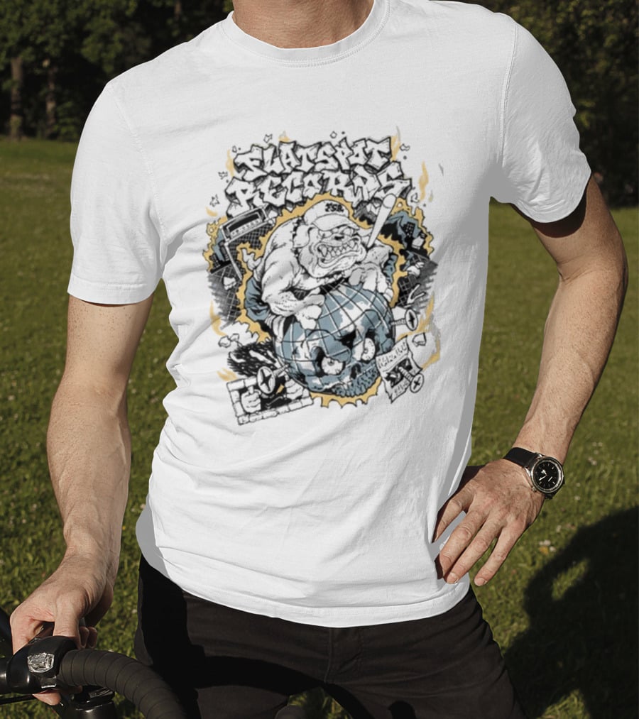 Flatspot Records Bulldog Globe Graffiti Style White T-Shirt