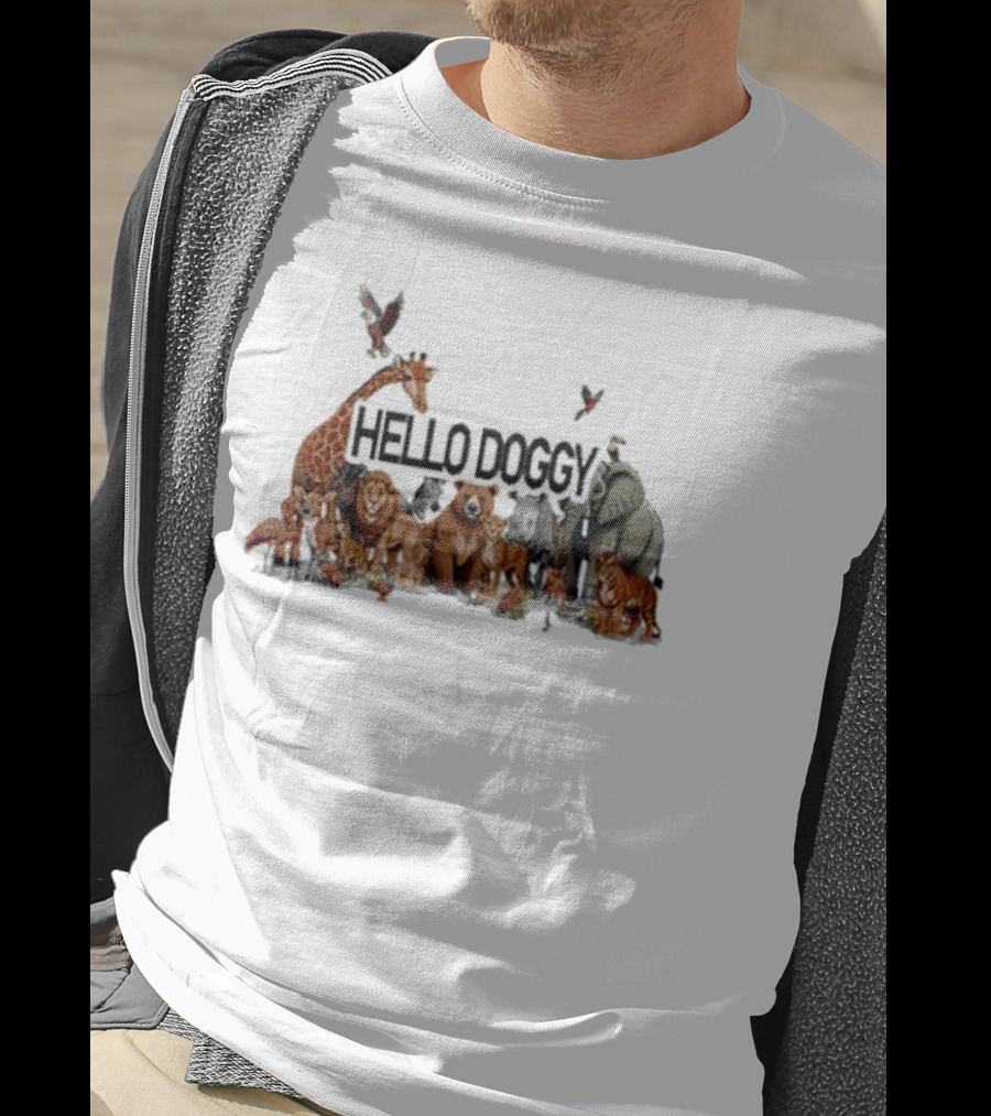 Hello Doggy Wildlife Animal Gathering With Giraffe Elephant Tiger And More T-Shirt