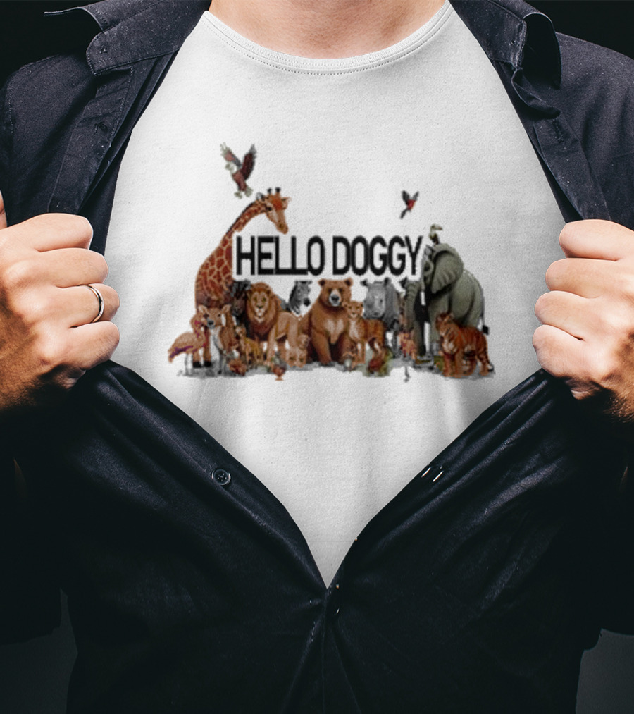 Hello Doggy Wildlife Animal Gathering With Giraffe Elephant Tiger And More T-Shirt