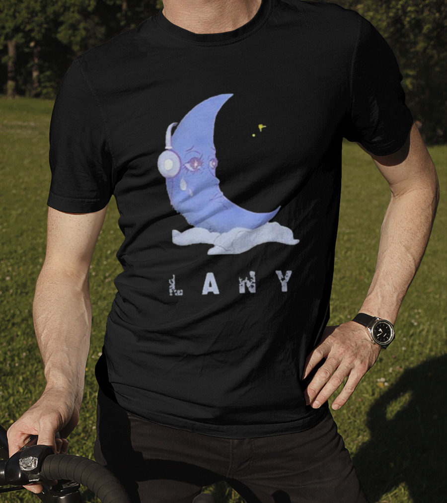 Lany Moon Crying Blue Crescent With Headphones And Clouds T-Shirt