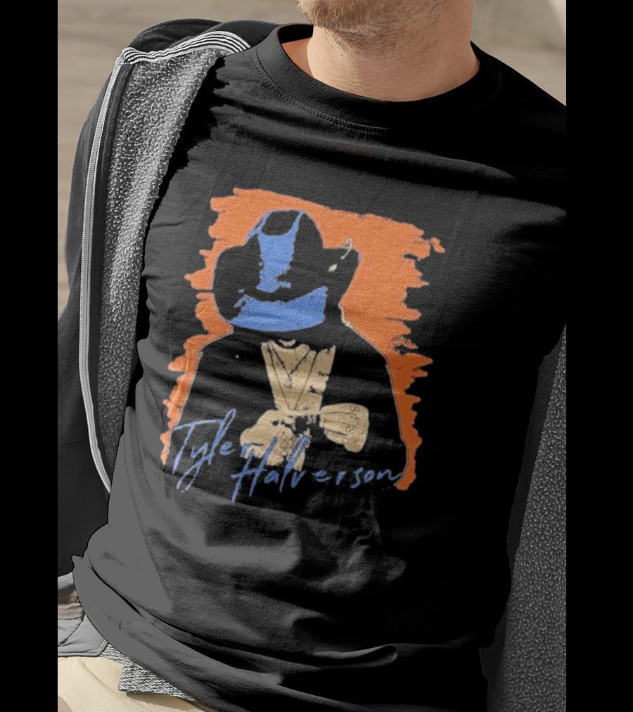 Tyler Halverson Cowboy Hat Blue Bandana Orange Background T-Shirt