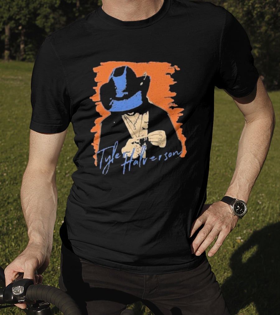 Tyler Halverson Cowboy Hat Blue Bandana Orange Background T-Shirt