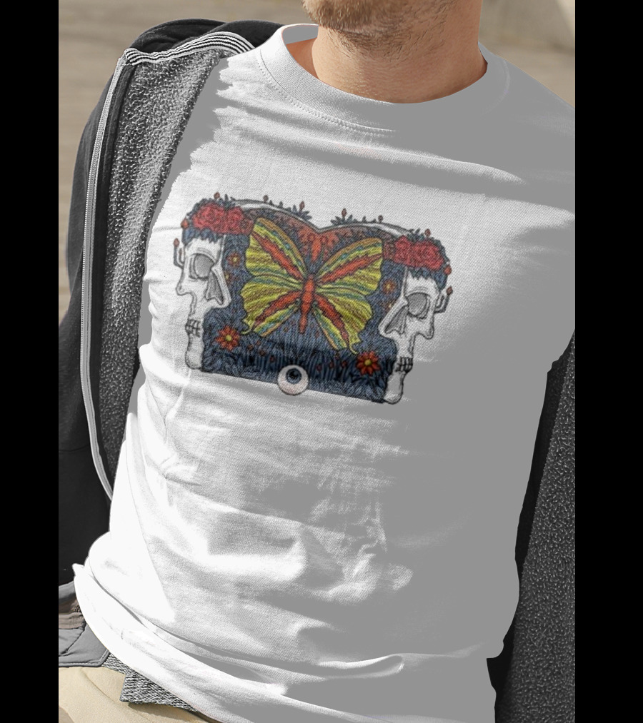 This Old Engine Two Worlds Skull And Butterfly Symmetry With Roses And Floral Elements T-Shirt