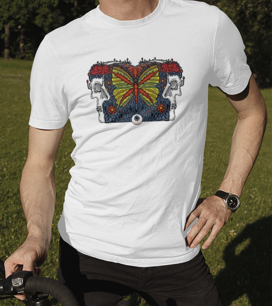 This Old Engine Two Worlds Skull And Butterfly Symmetry With Roses And Floral Elements T-Shirt