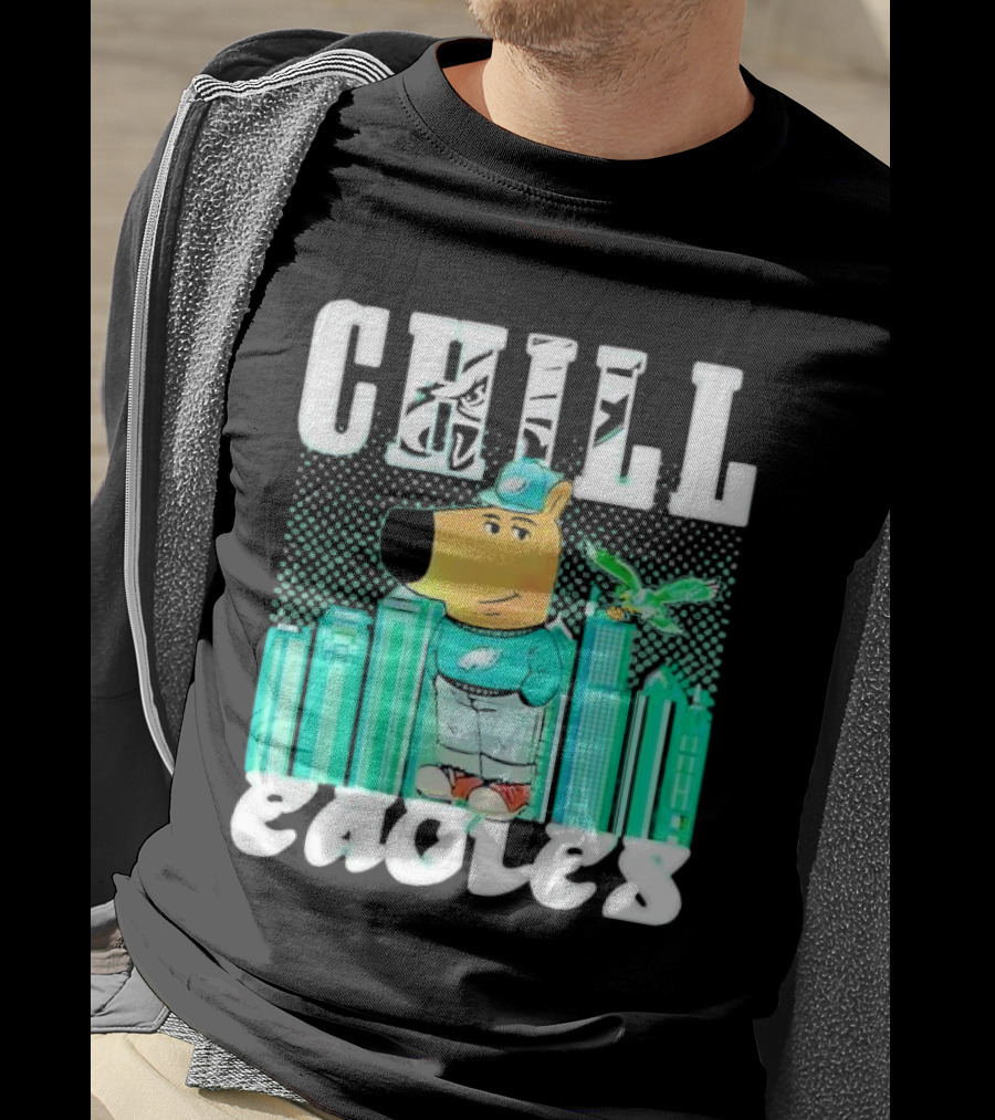 Philadelphia Eagles Chill Character With City Skyline And Cartoon Bird T-Shirt