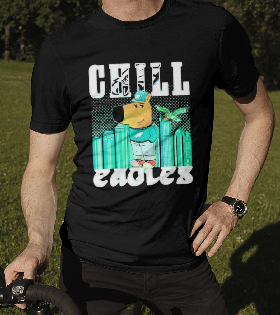Philadelphia Eagles Chill Character With City Skyline And Cartoon Bird T-Shirt