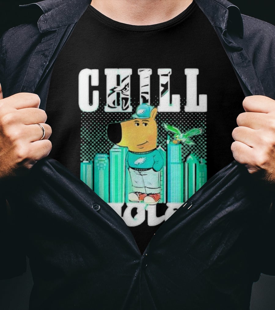 Philadelphia Eagles Chill Character With City Skyline And Cartoon Bird T-Shirt