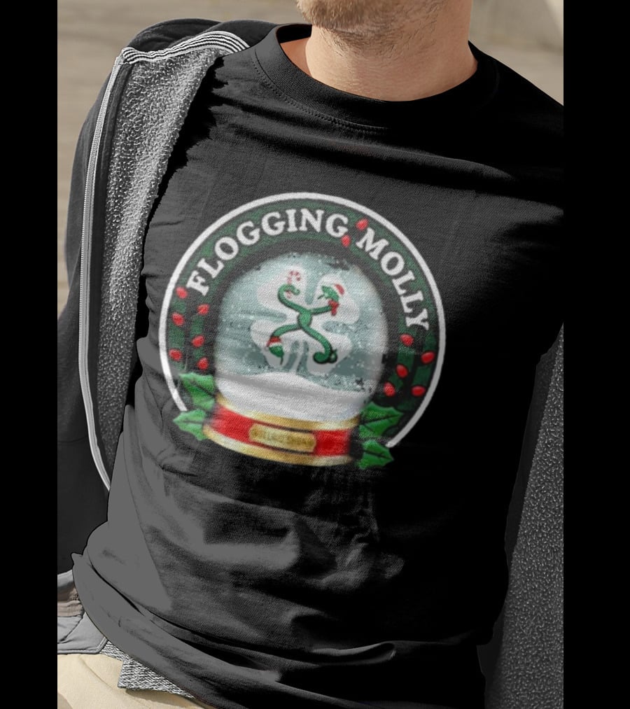 Flogging Molly Nollaig Shona Snow Globe With Holly Red Green White T-Shirt