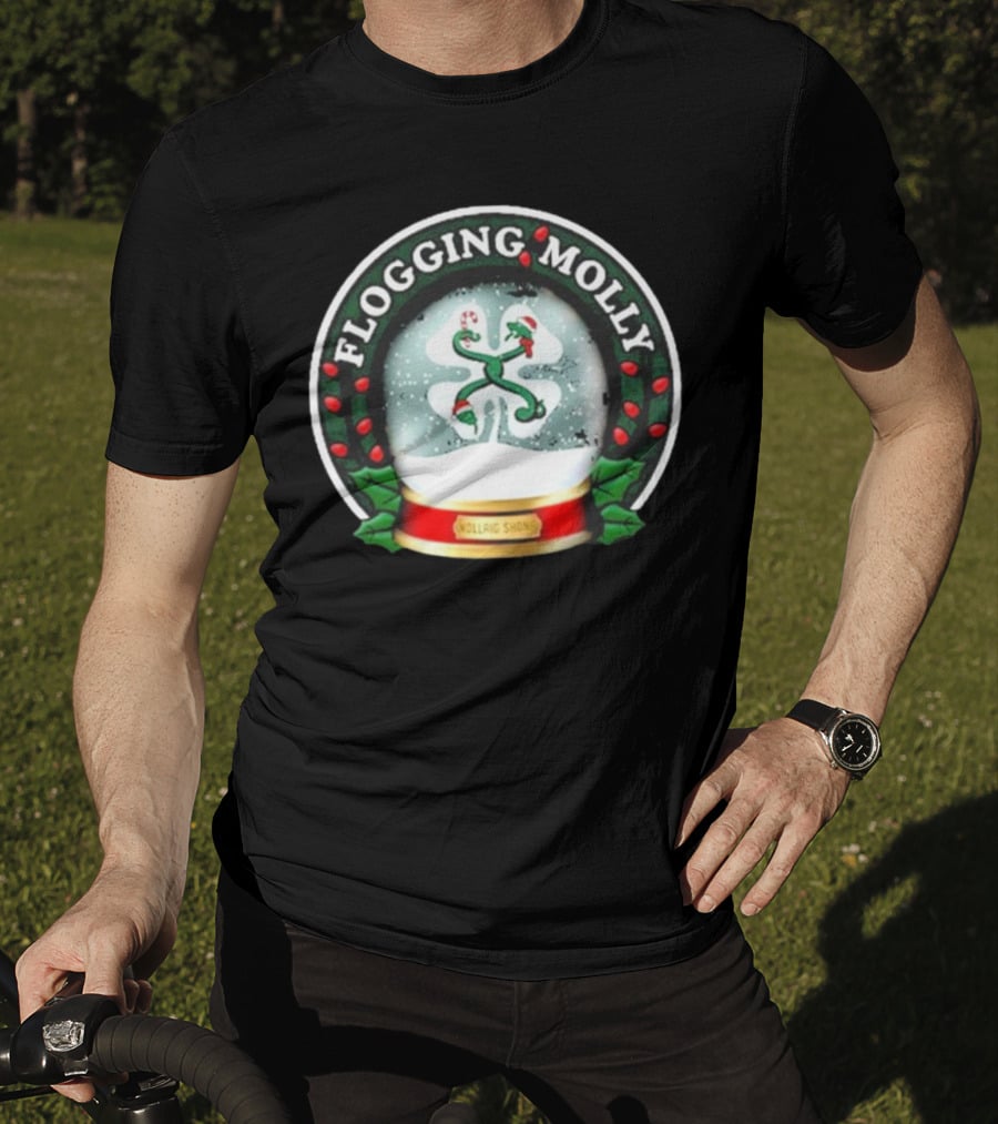 Flogging Molly Nollaig Shona Snow Globe With Holly Red Green White T-Shirt