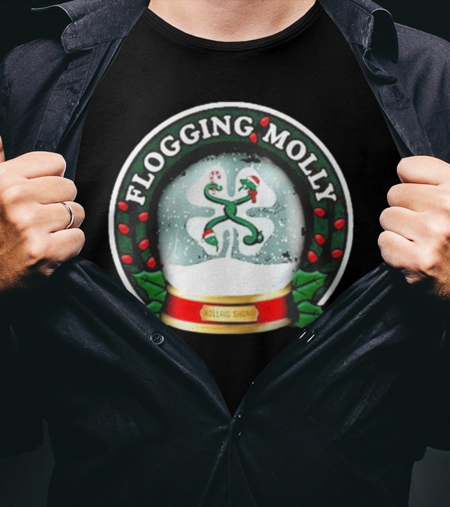 Flogging Molly Nollaig Shona Snow Globe With Holly Red Green White T-Shirt