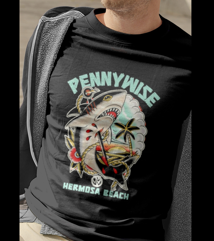 Pennywise Shark Hermosa Beach Sunset Palm Tattoo T-Shirt