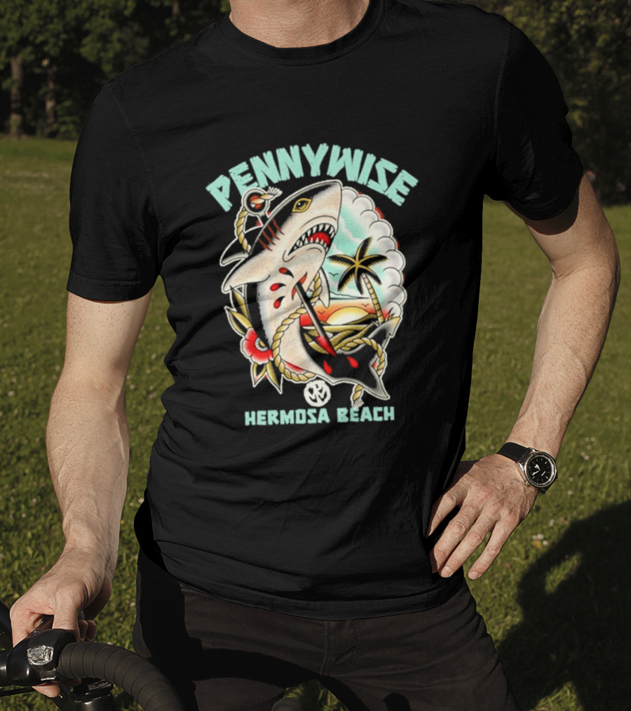 Pennywise Shark Hermosa Beach Sunset Palm Tattoo T-Shirt