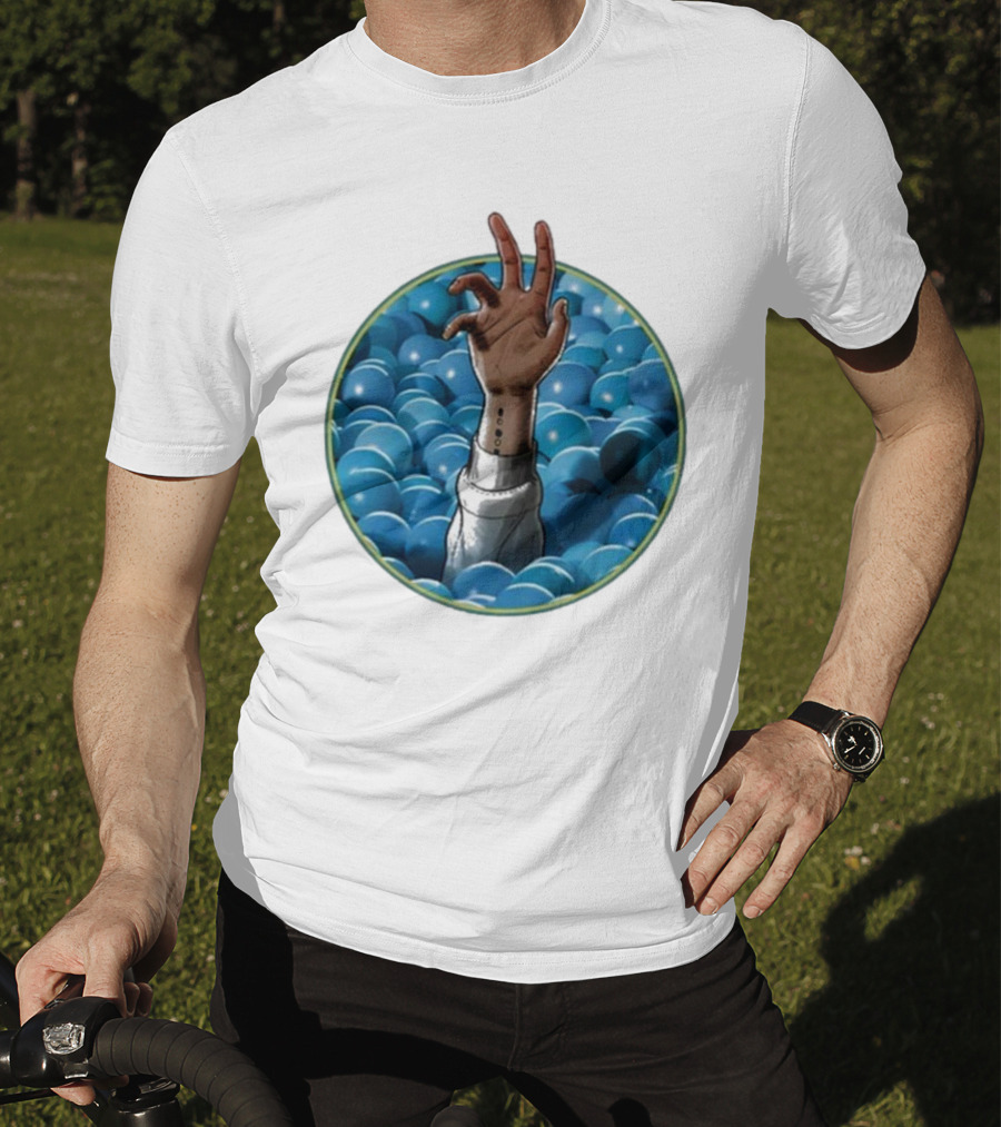 Hand Reaching Out Of Blue Ballpit Sphere T-Shirt