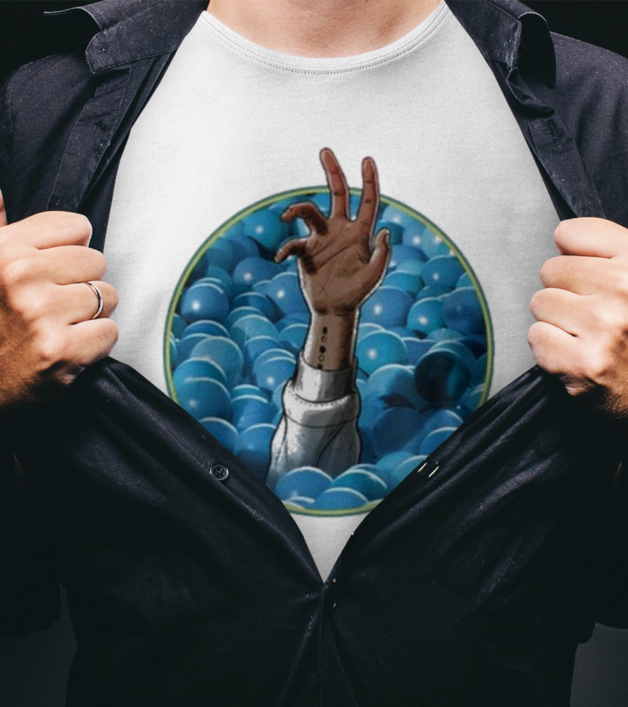 Hand Reaching Out Of Blue Ballpit Sphere T-Shirt
