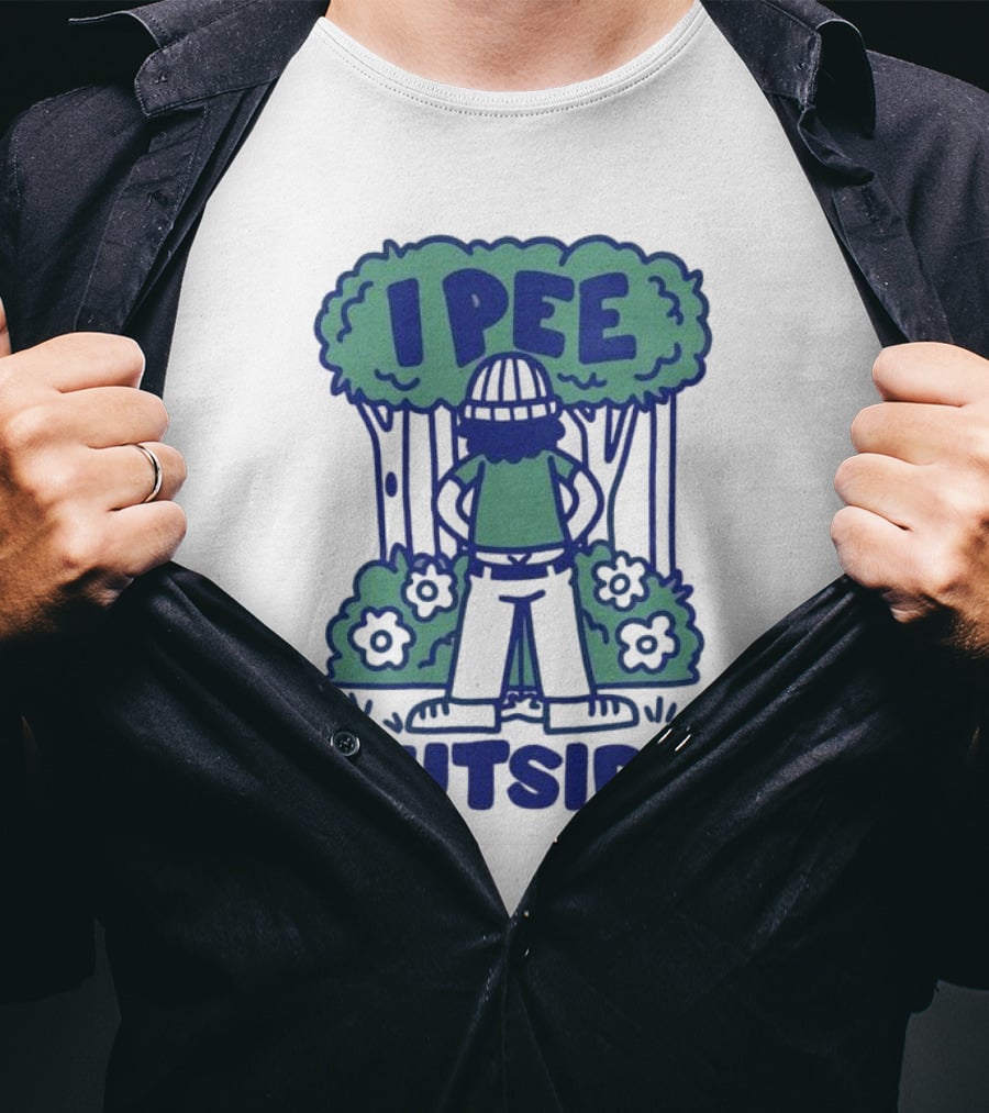 I Pee Outside Camper Cartoon In Forest Surrounded By Trees And Flowers T-Shirt