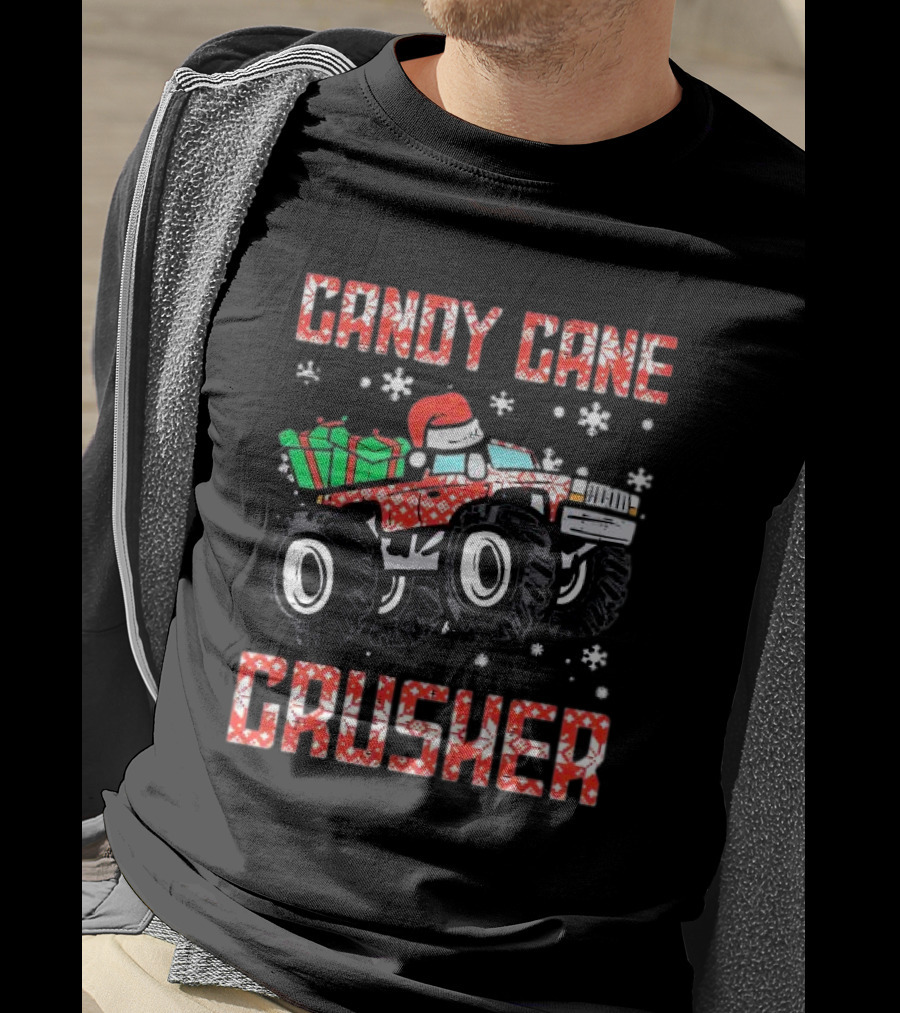 Candy Cane Crusher Christmas Monster Truck Toddler Boys Snowflakes Santa Present T-Shirt