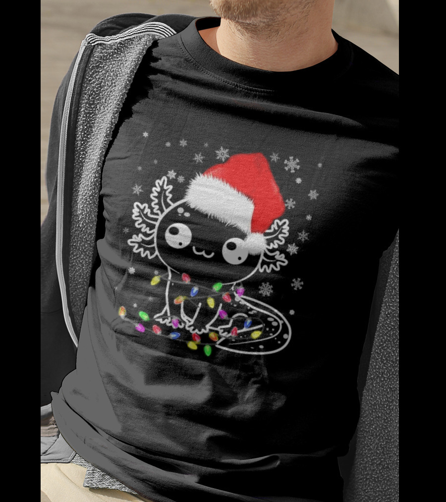 Santa Hat Axolotl Wrapped In Colorful Christmas Lights And Falling Snowflakes T-Shirt