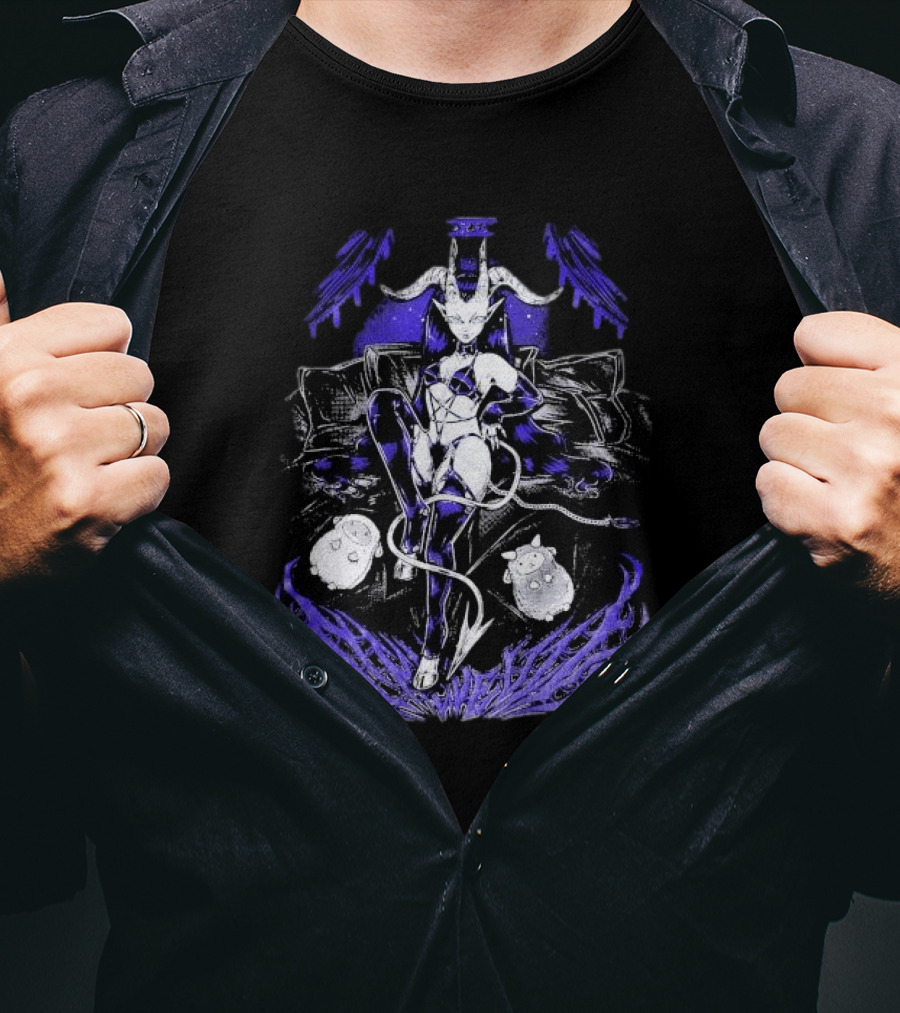 The Devil Pinku Kult Demonic Figure Surrounded By Ghostly Creatures And Occult Symbols T-Shirt