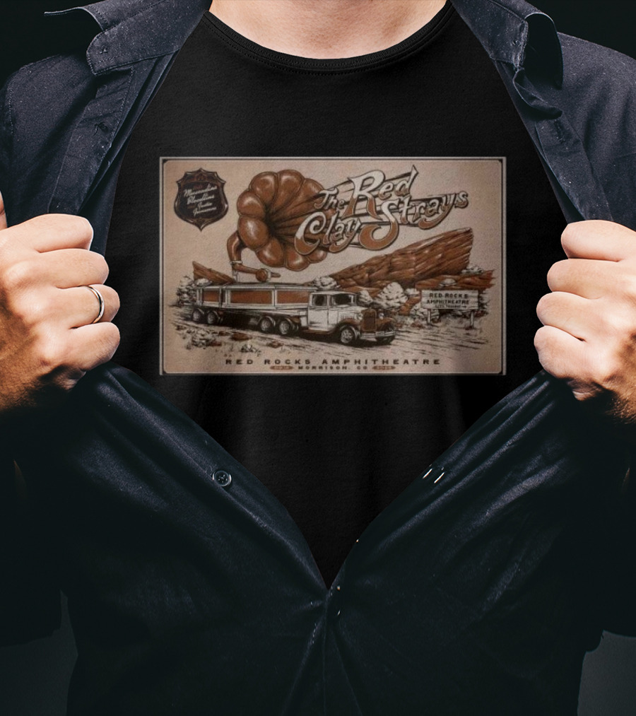 The Red Clay Strays Live At Red Rocks Amphitheatre Morrison CO Sep 14 2025 Vintage Truck And Scenic Rock Formation T-Shirt