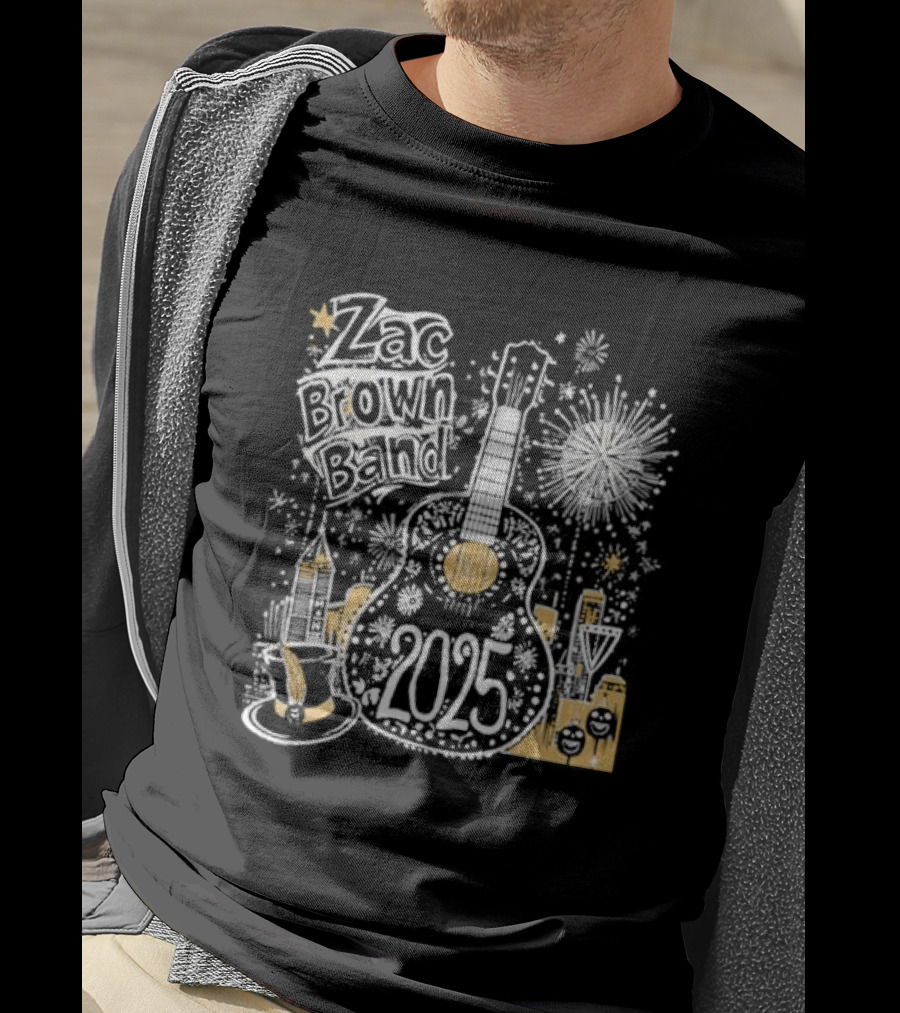 Zac Brown Band 2025 New Year's Eve Fireworks Guitar Atlanta Skyline T-Shirt