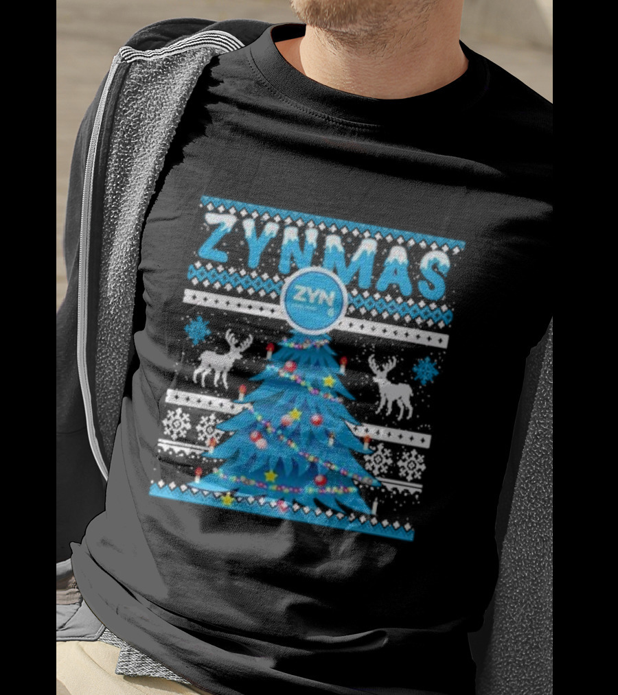 Zynmas ZYN Blue Christmas Tree Reindeer Pattern Snowflakes T-Shirt