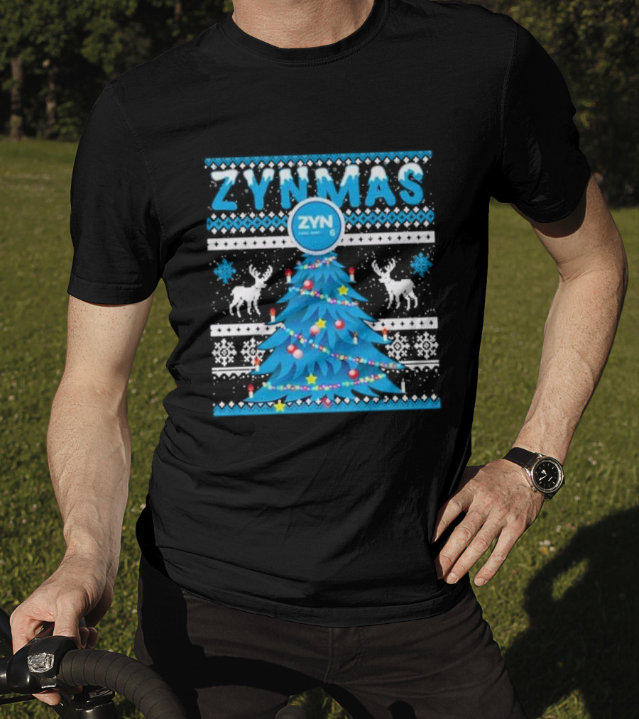Zynmas ZYN Blue Christmas Tree Reindeer Pattern Snowflakes T-Shirt