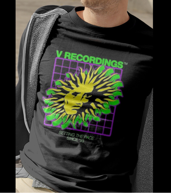 V Recordings Setting The Pace Since 93 Sunburst Face Retro Grid T-Shirt