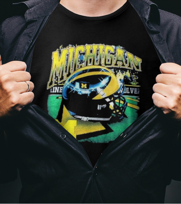 Michigan Wolverines Vintage Arch Shiny Football Helmet NCAA T-Shirt