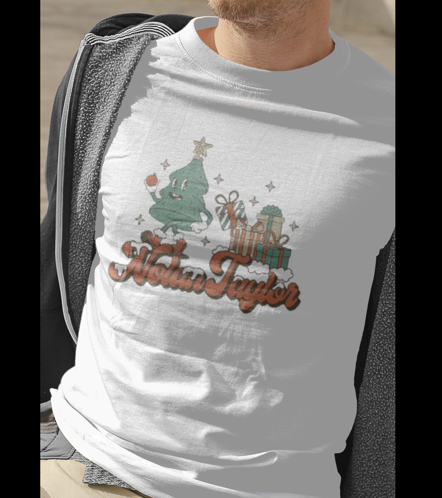 Nolan Taylor Festive Christmas Tree With Gifts And Snowy Stars T-Shirt
