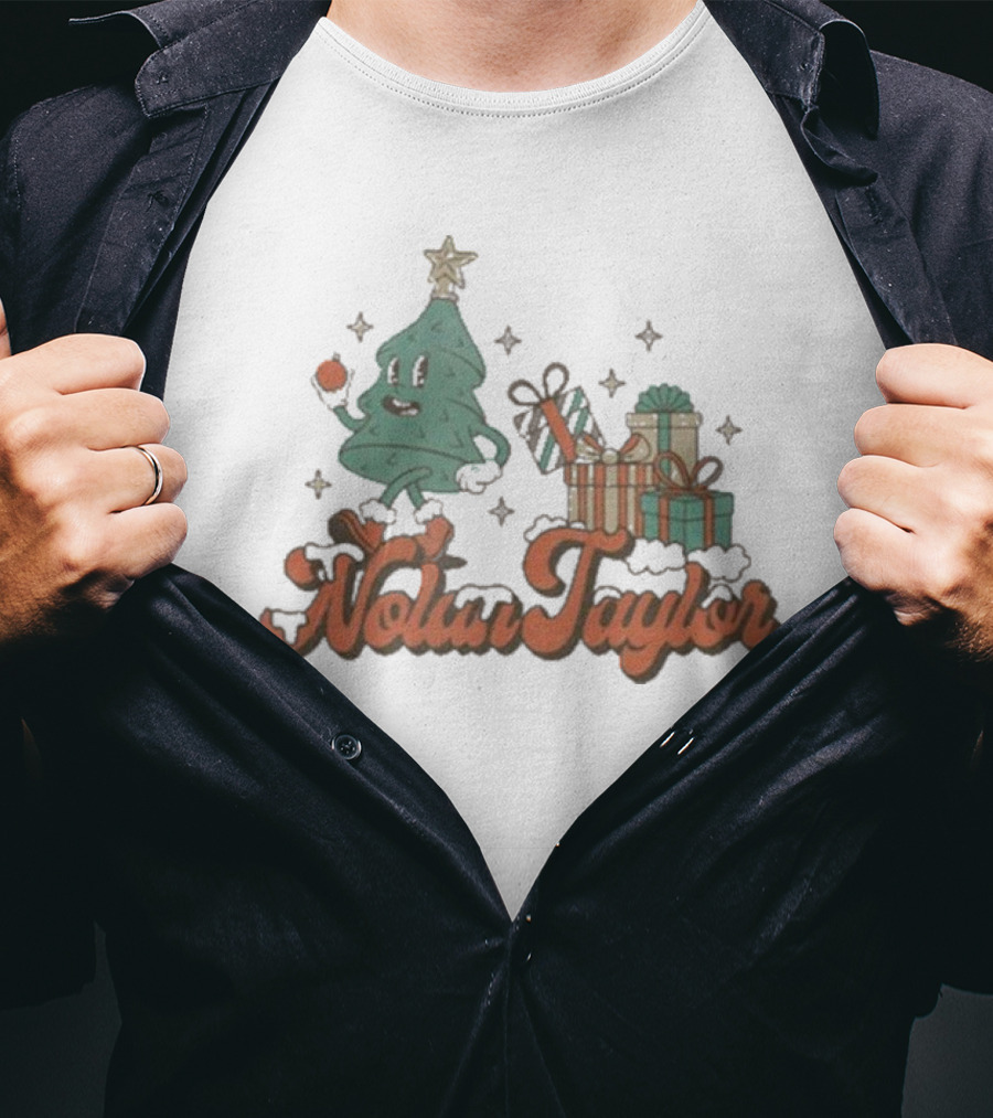 Nolan Taylor Festive Christmas Tree With Gifts And Snowy Stars T-Shirt