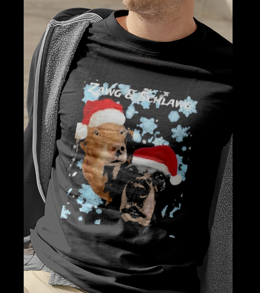 Zawg And Schlawg Christmas Dogs With Santa Hats And Snowflakes T-Shirt